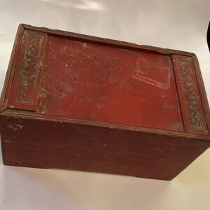 Antique Indian red painted wooden storage box two pull out drawers slide out lid